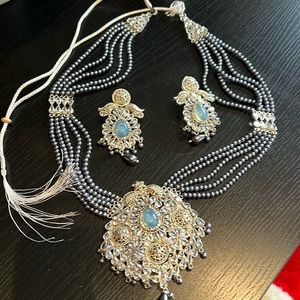 Brand new necklace and earring set.silver,blue,gray,gold.white silk tassel